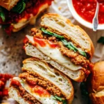 Chicken parm sandwich with crispy chicken cutlet, marinara, and melted mozzarella in a toasted ciabatta roll