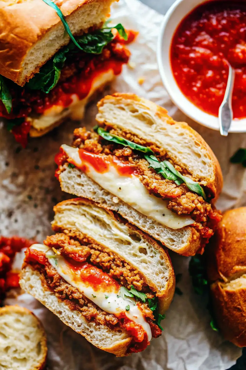 Chicken parm sandwich with crispy chicken cutlet, marinara, and melted mozzarella in a toasted ciabatta roll
